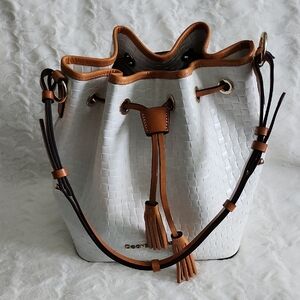 Dooney & Bourke White and Tan Shoulder Bag with Structured Design